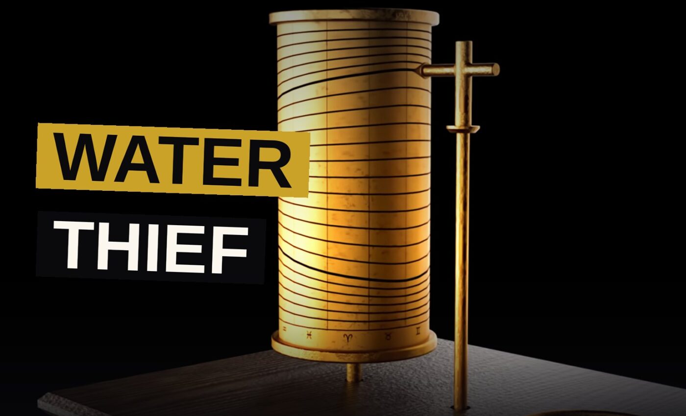 A bronze cylinder marked with lines turns slowly as water drips within, its pointer marking the silent passage of the hour.
