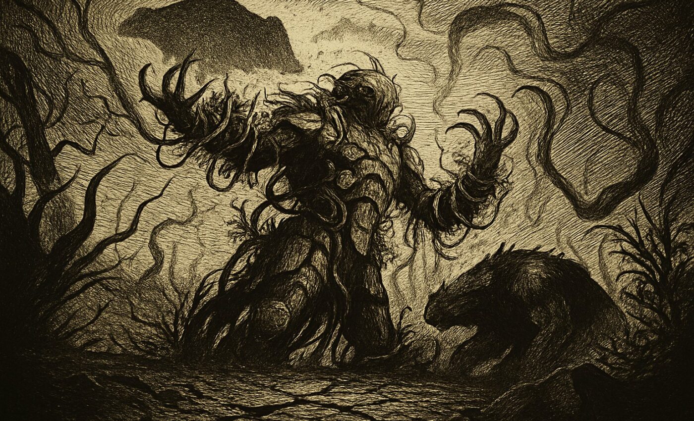 A badger shape grows faint above cracked earth as green creatures rise amid stone and leaves.