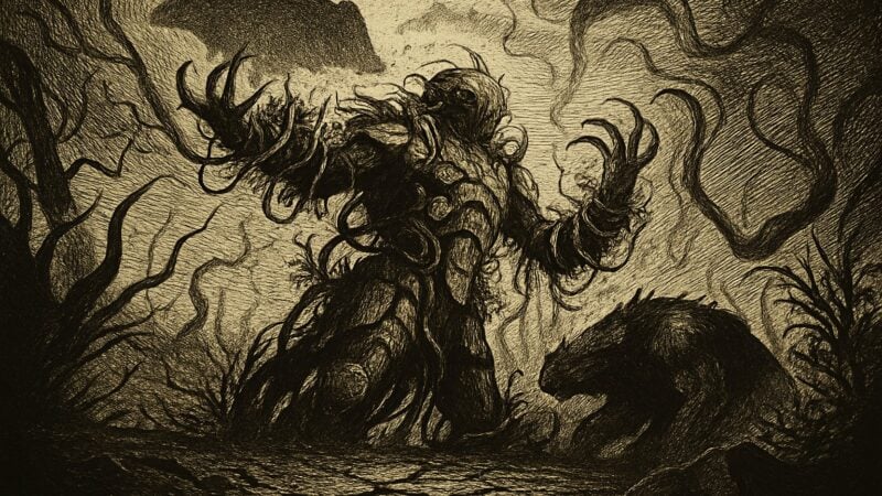 A badger shape grows faint above cracked earth as green creatures rise amid stone and leaves.