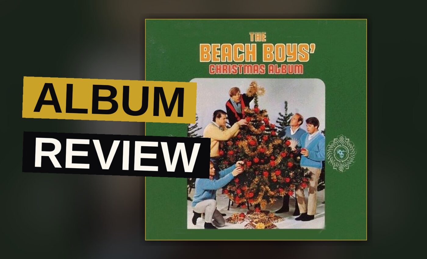 A retro illustration of Santa and the Beach Boys on a sunny California beach with a sleigh and surfboard.