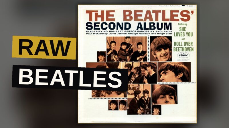 A black and white photo of the Beatles, young and energetic, with a vinyl record spinning in the foreground.