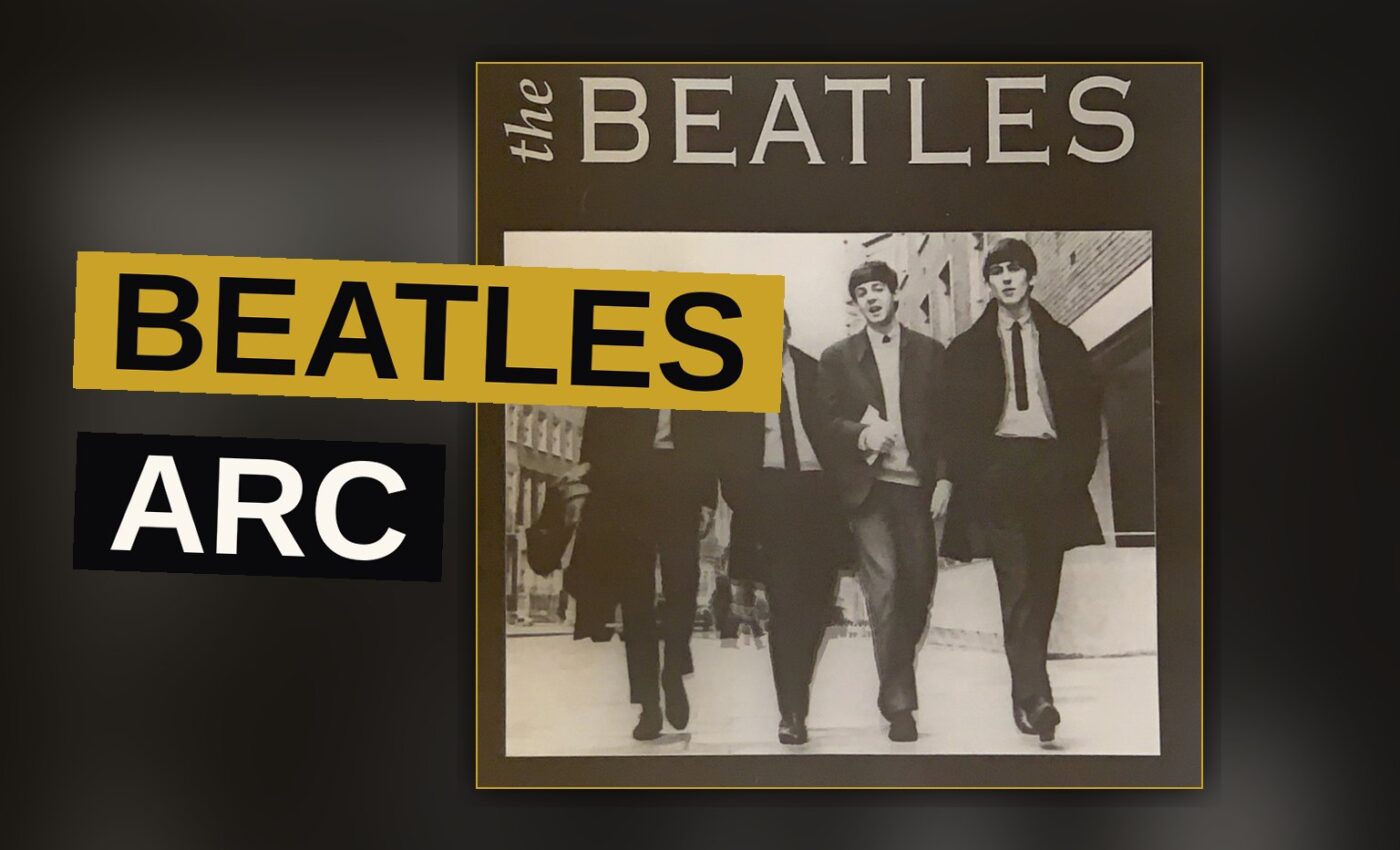 The Beatles walking in sync across a street, captured in black and white with a 1960s feel.