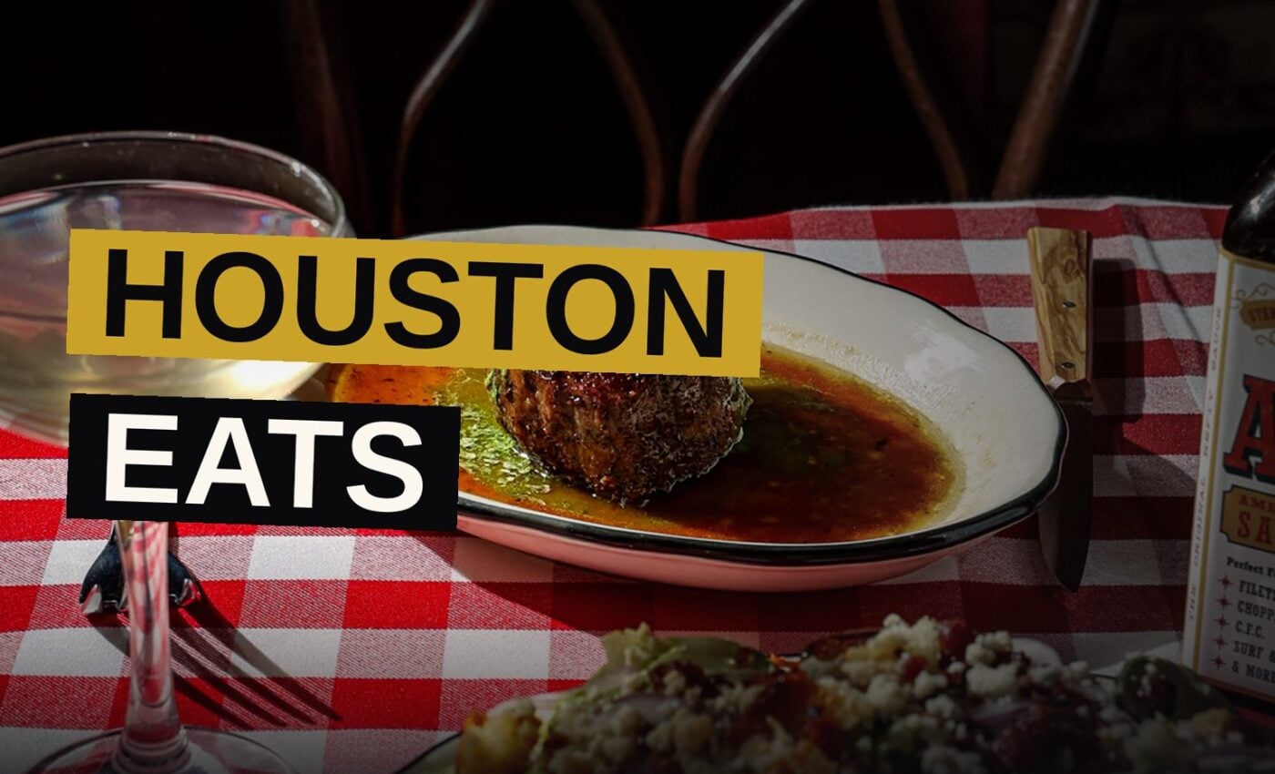 A spread of dishes from Houston's new restaurants, including barbecue, an elegant plated dish, and a sandwich.