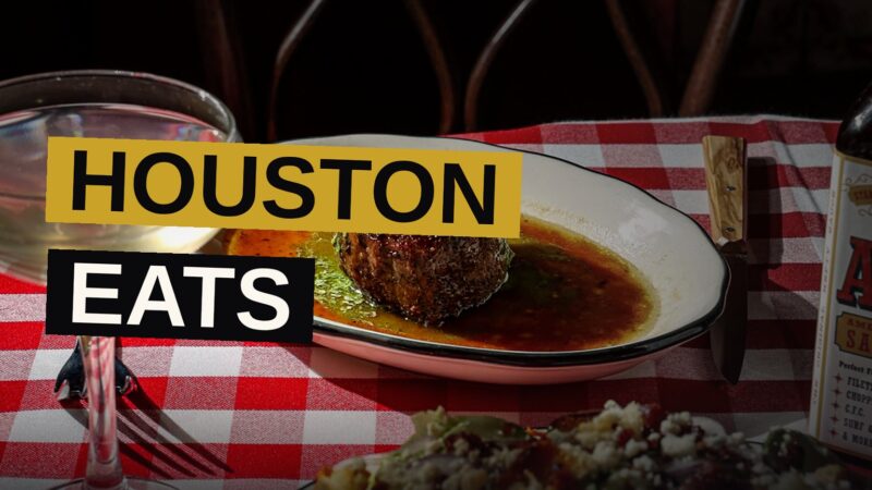 A spread of dishes from Houston's new restaurants, including barbecue, an elegant plated dish, and a sandwich.