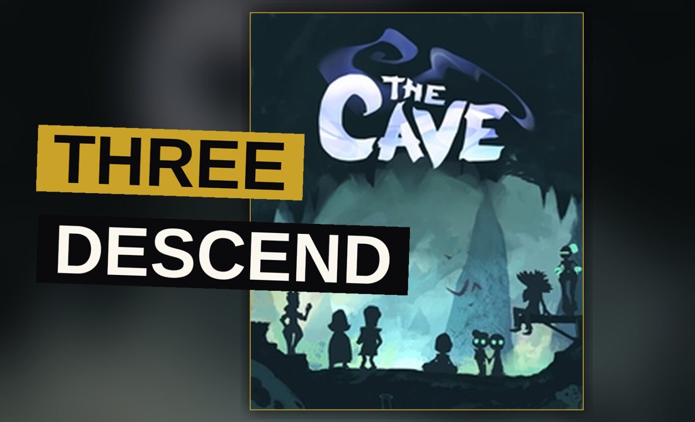 Three figures move through a shadowed cave passage lit by a single flame.