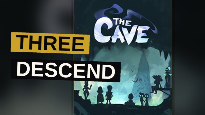 Three figures move through a shadowed cave passage lit by a single flame.