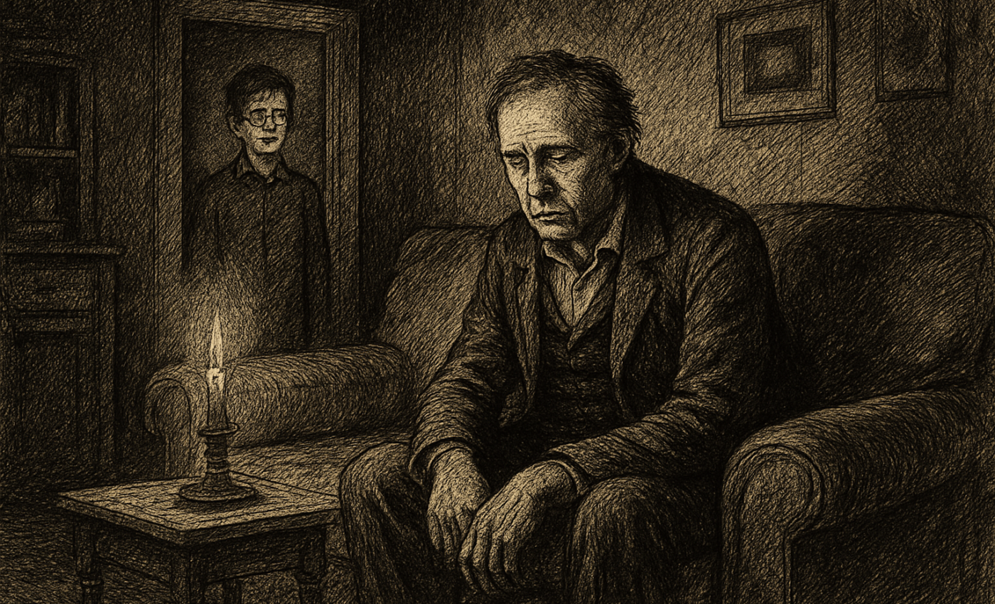 A weary middle-aged man sits on a worn couch in a dim living room, while a teenager with glasses watches from the background.