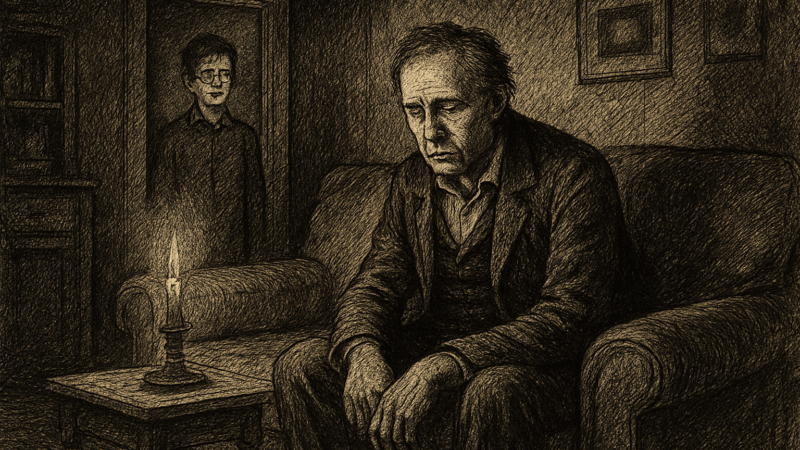 A weary middle-aged man sits on a worn couch in a dim living room, while a teenager with glasses watches from the background.