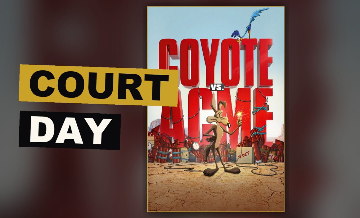 The coyote sits quietly at a court table, caught between his cartoon world and the real one.
