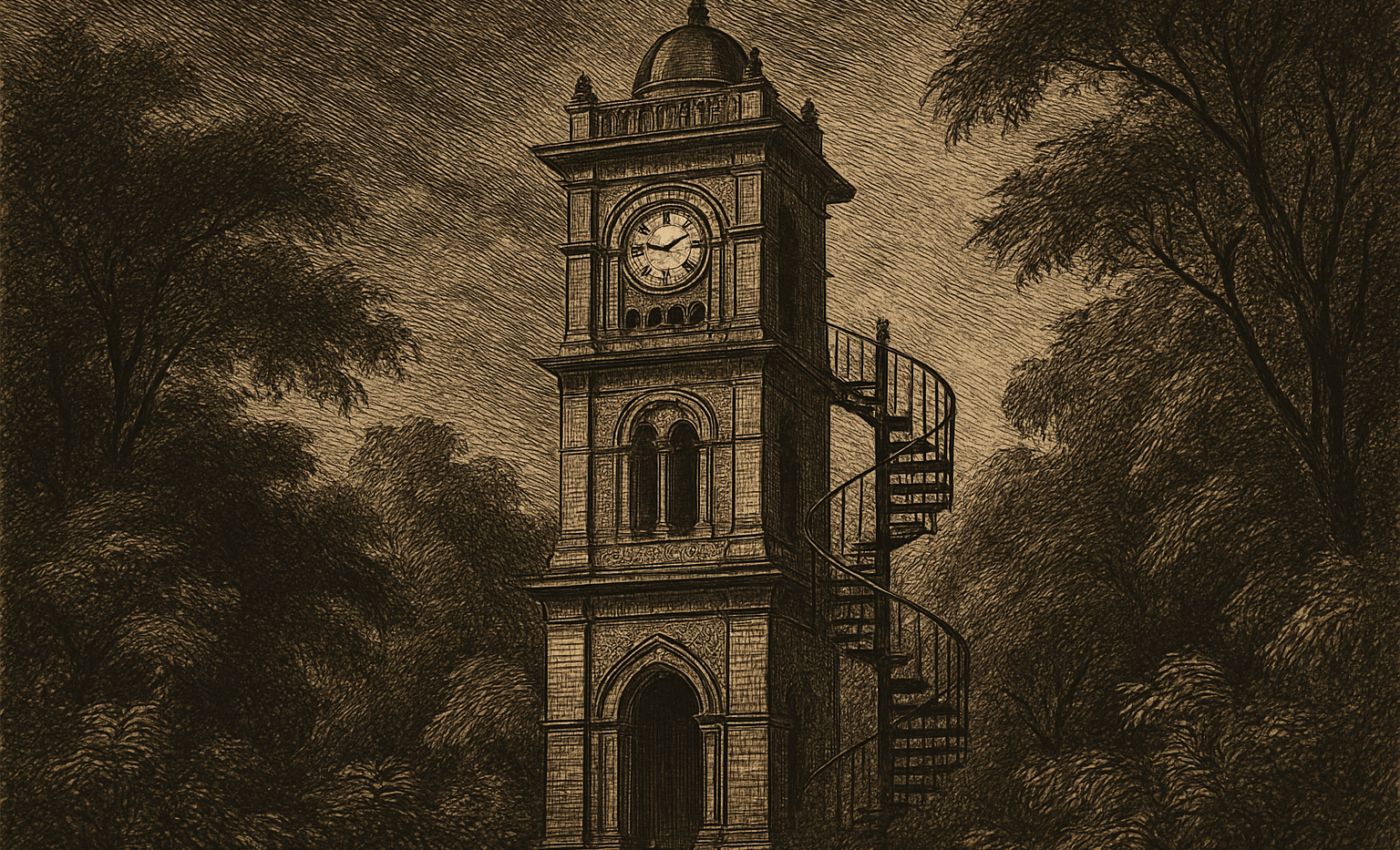 The David Sassoon Clock Tower stands amid trees at the entrance of a historic Mumbai garden.