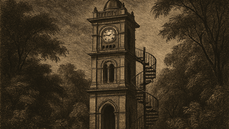 The David Sassoon Clock Tower stands amid trees at the entrance of a historic Mumbai garden.