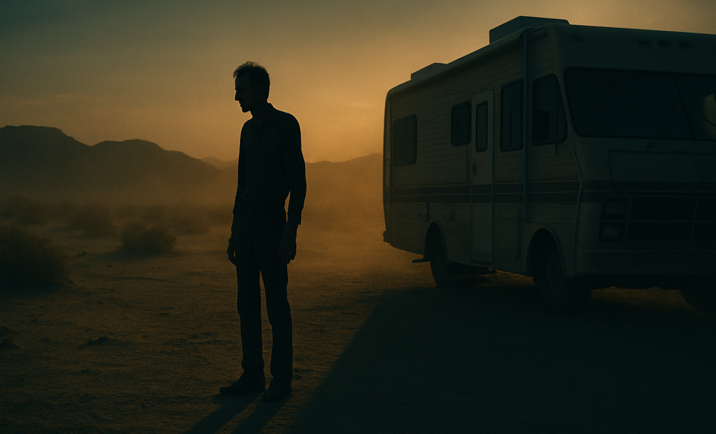 A solitary figure stands amid a desolate desert waste, shadowed by dusk, as though marked for a ruin long since written.
