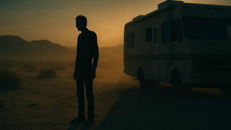 A solitary figure stands amid a desolate desert waste, shadowed by dusk, as though marked for a ruin long since written.