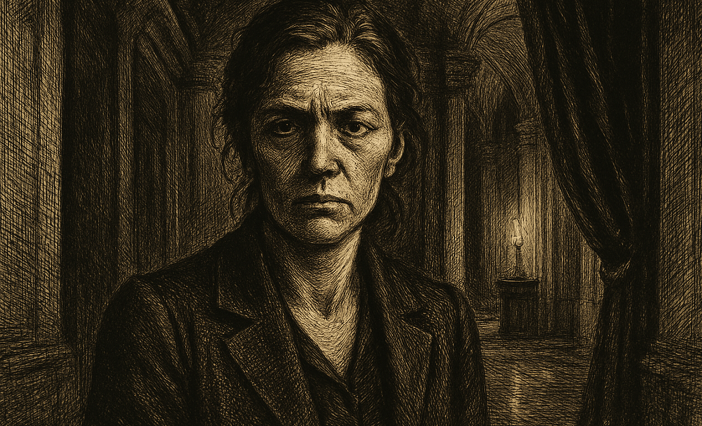 A woman in a dark blazer stands in a dimly lit grand embassy hallway, her expression tense and weary.