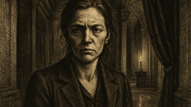 A woman in a dark blazer stands in a dimly lit grand embassy hallway, her expression tense and weary.