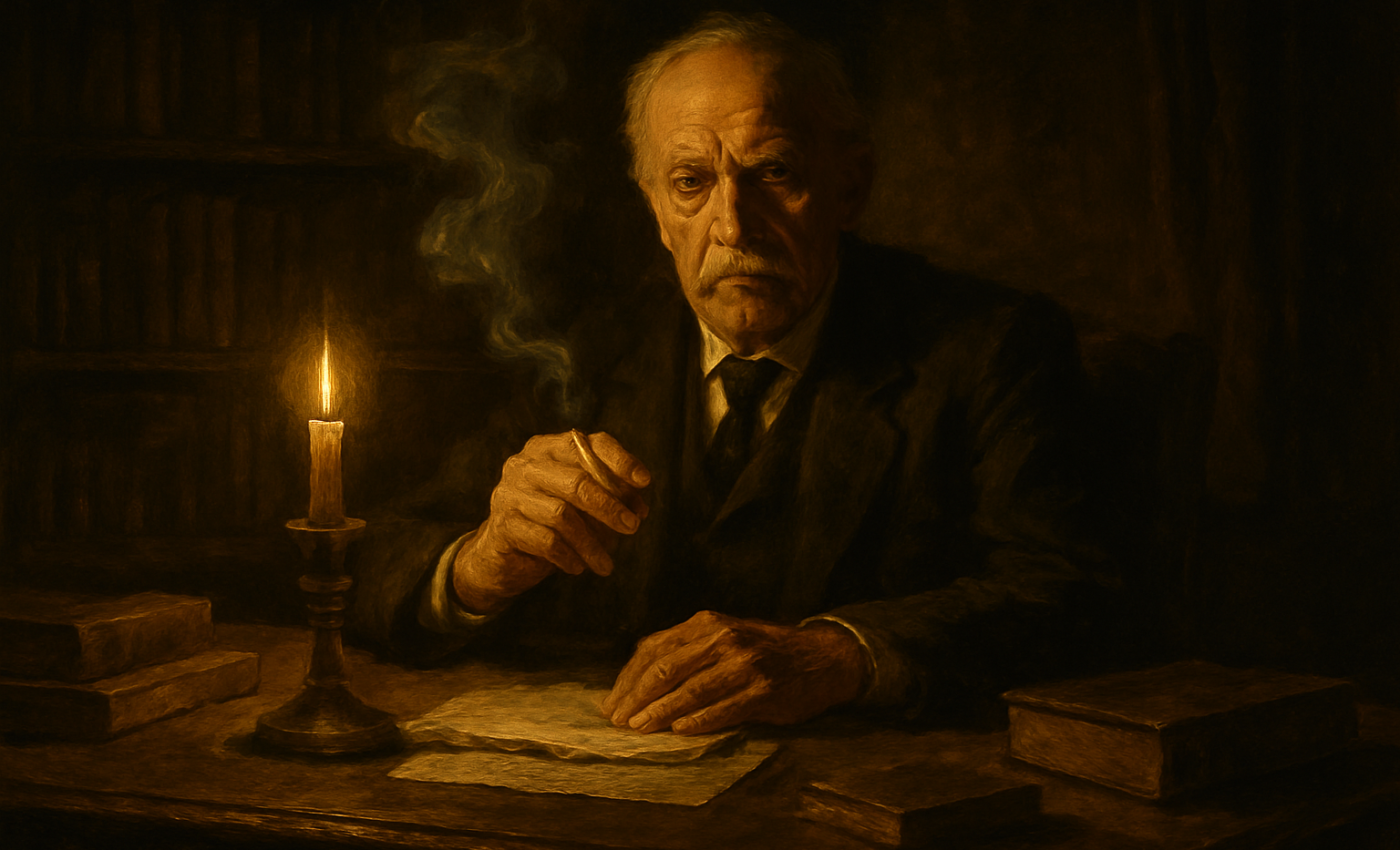 An aged chief sits in dim golden light, his countenance grave with the weight of dread authority.