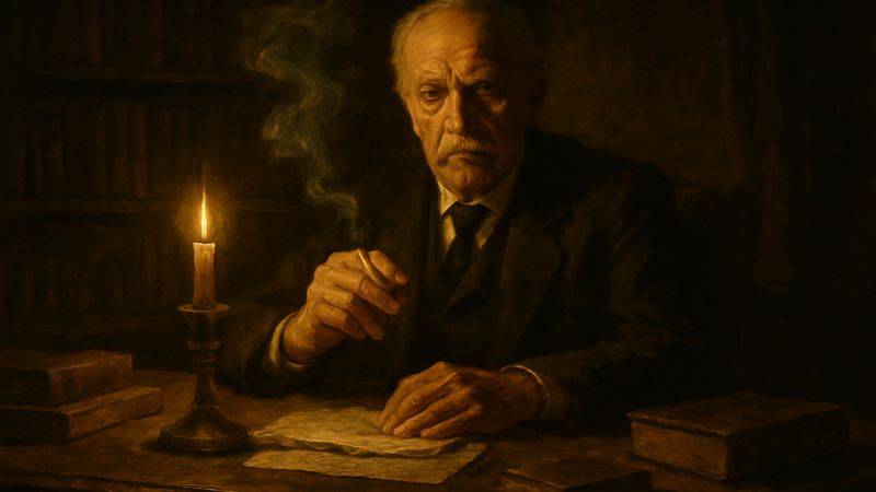 An aged chief sits in dim golden light, his countenance grave with the weight of dread authority.
