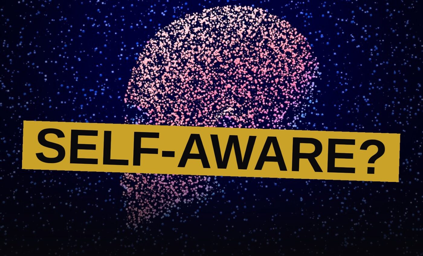 A digital humanoid face looks into a mirror with a subtly distorted reflection, symbolizing uncertainty about AI self-awareness.