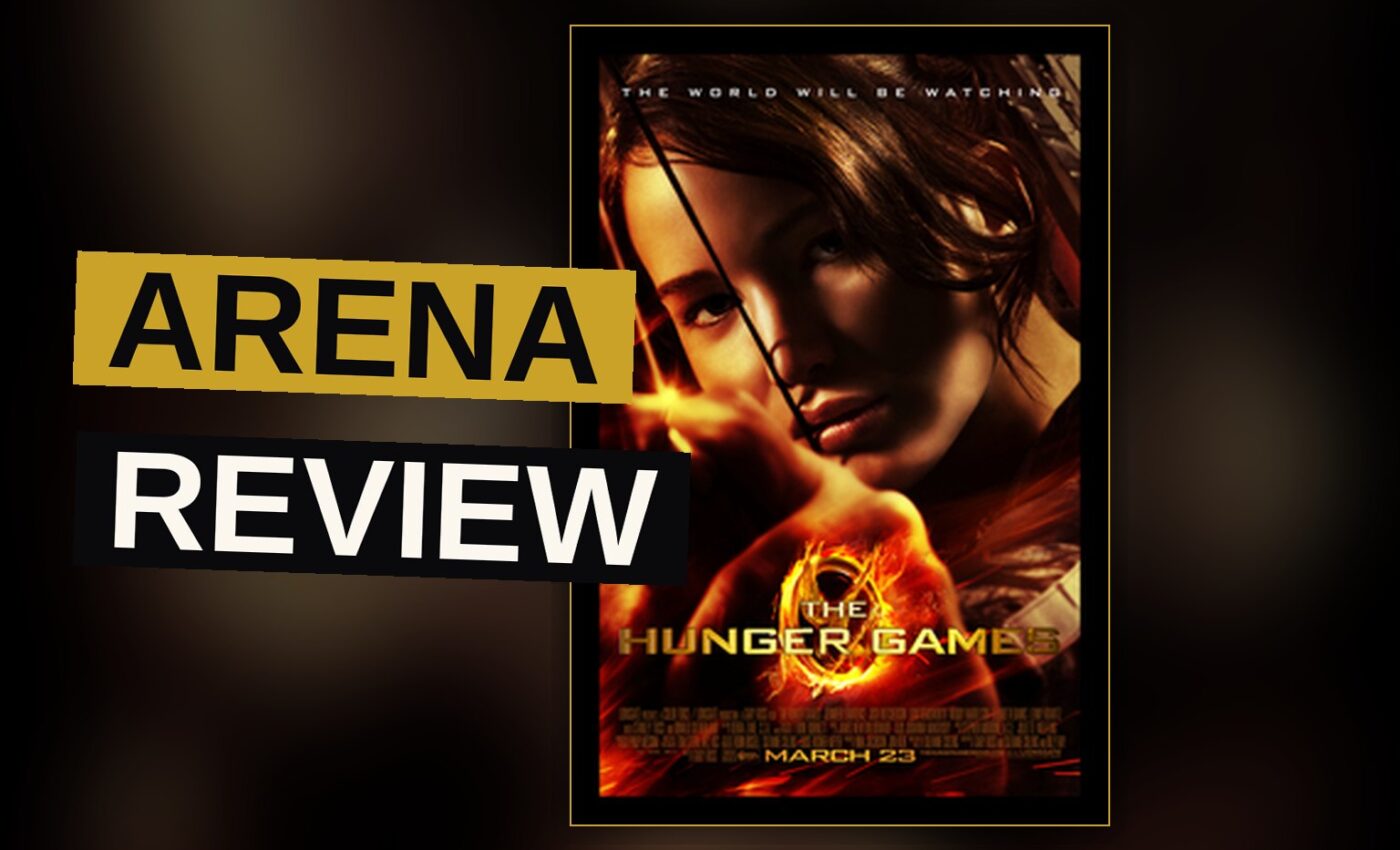 Jennifer Lawrence as Katniss Everdeen aiming a bow and arrow in a dark forest.