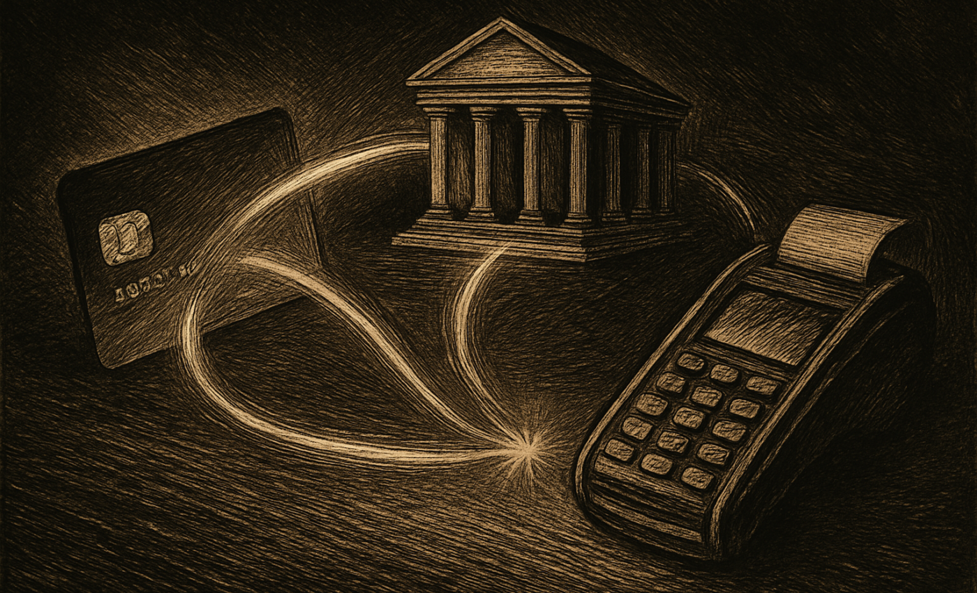 A digital illustration showing a credit card connected by glowing lines to a merchant terminal and a bank, representing a card network transaction.