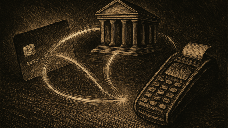 A digital illustration showing a credit card connected by glowing lines to a merchant terminal and a bank, representing a card network transaction.