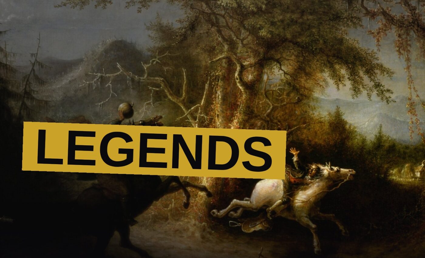 A headless horseman rides through a foggy, haunted valley beside a river at night.