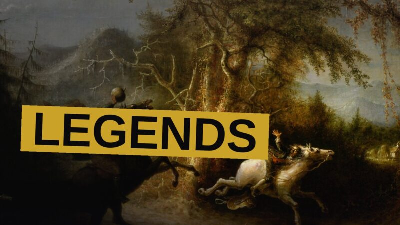 A headless horseman rides through a foggy, haunted valley beside a river at night.