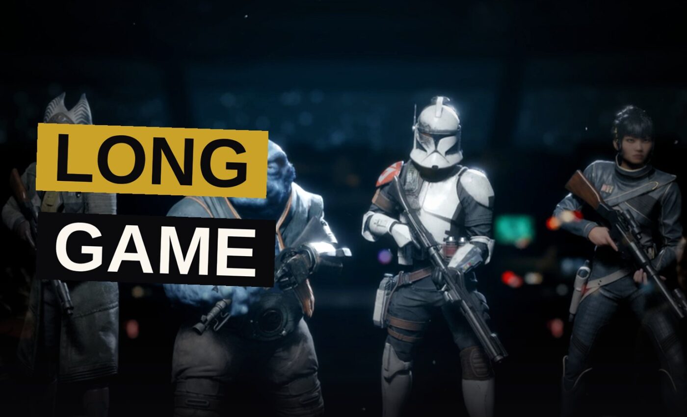 Clone troopers stand ready on a battlefield while a Mandalorian leader watches over them.