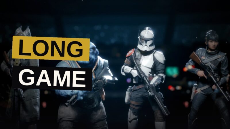 Clone troopers stand ready on a battlefield while a Mandalorian leader watches over them.
