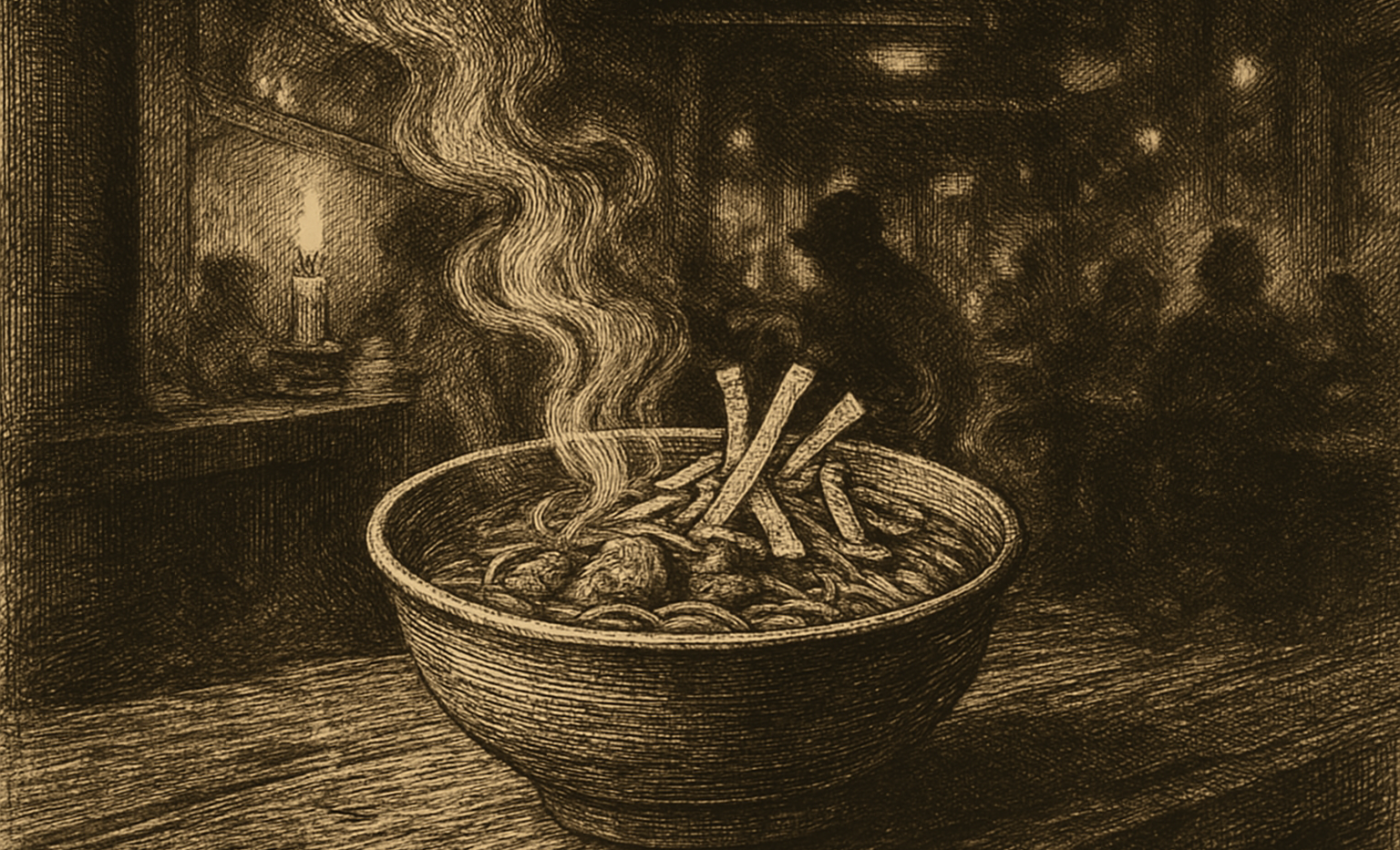 A bowl of carnitas tonkotsu ramen with tortilla strips on a counter in a busy ramen shop.