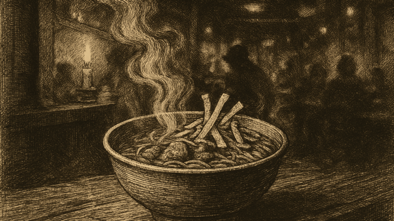 A bowl of carnitas tonkotsu ramen with tortilla strips on a counter in a busy ramen shop.