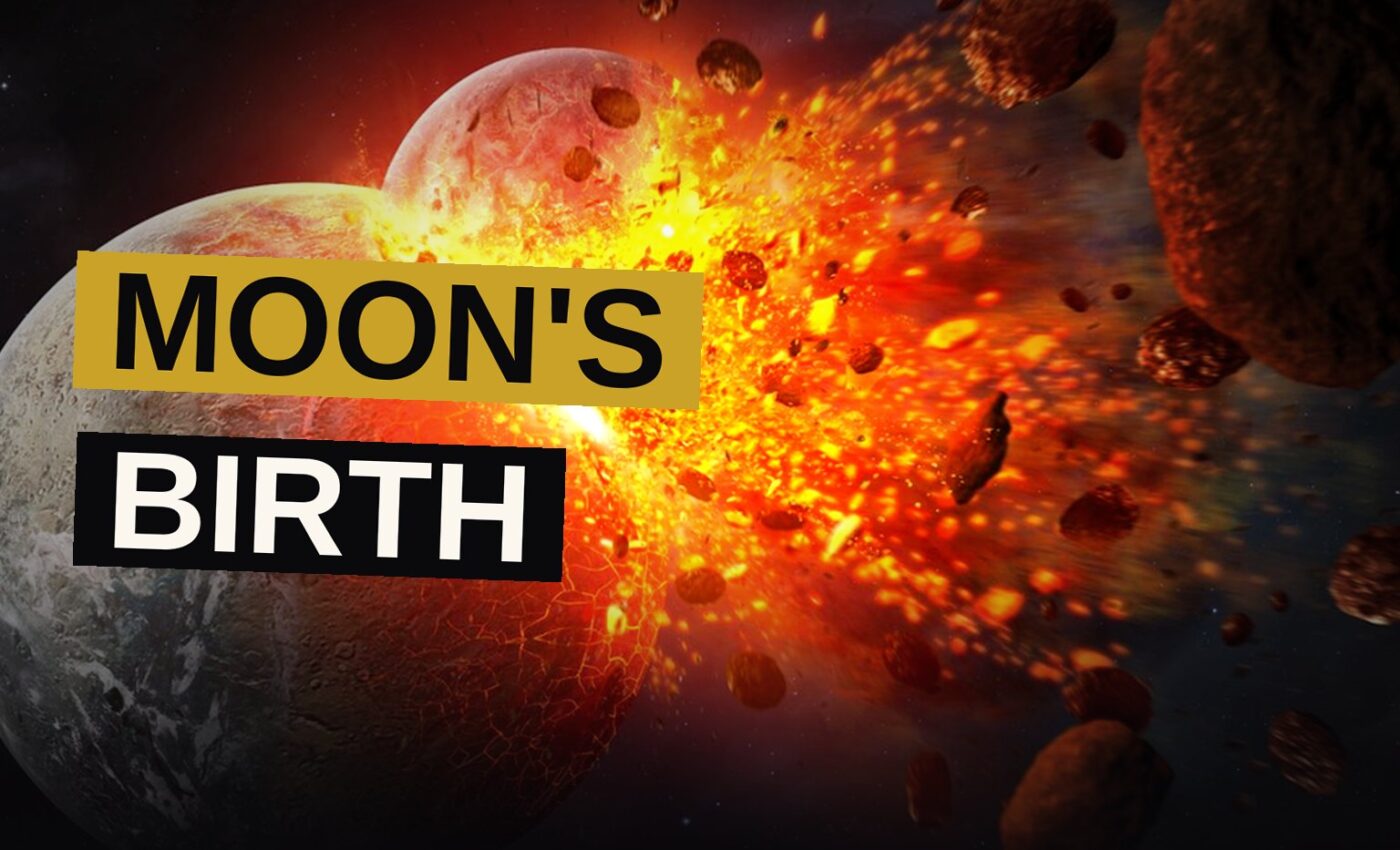 An illustration of a fiery ancient collision between early Earth and a Mars-sized protoplanet forming the moon.