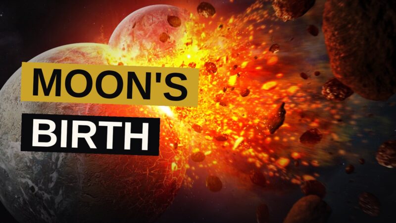 An illustration of a fiery ancient collision between early Earth and a Mars-sized protoplanet forming the moon.