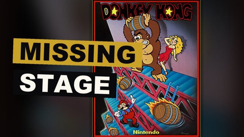 Mario mounts ladders amid rolling hazards, pursued by the great ape above, in a scene of quiet peril.