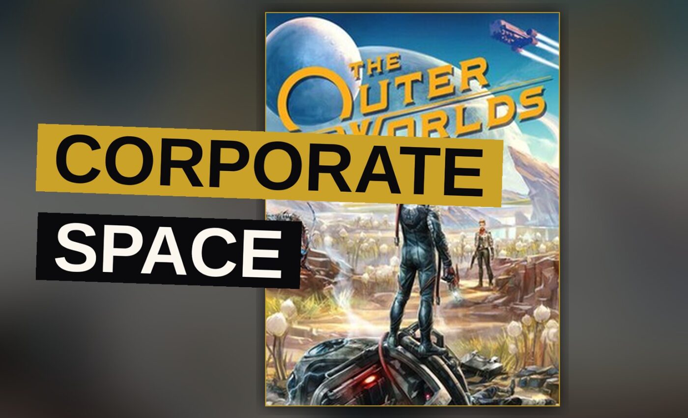 A spaceship rests near a corporate-controlled colony under neon signage in a satirical sci-fi setting.