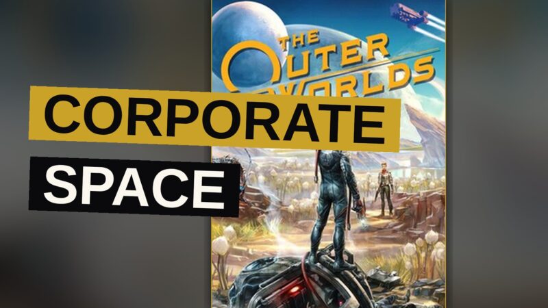 A spaceship rests near a corporate-controlled colony under neon signage in a satirical sci-fi setting.