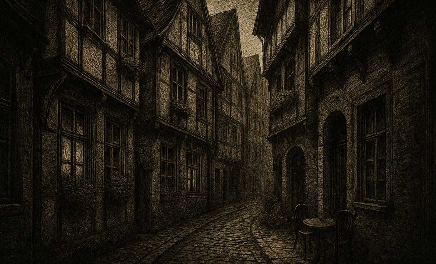 A narrow cobblestone lane in Bremen's Schnoor quarter lined with crooked, colorful houses and a small café.