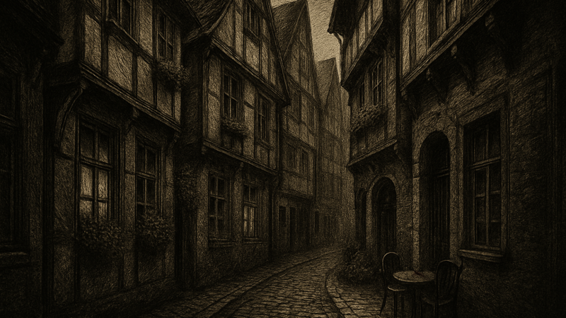 A narrow cobblestone lane in Bremen's Schnoor quarter lined with crooked, colorful houses and a small café.