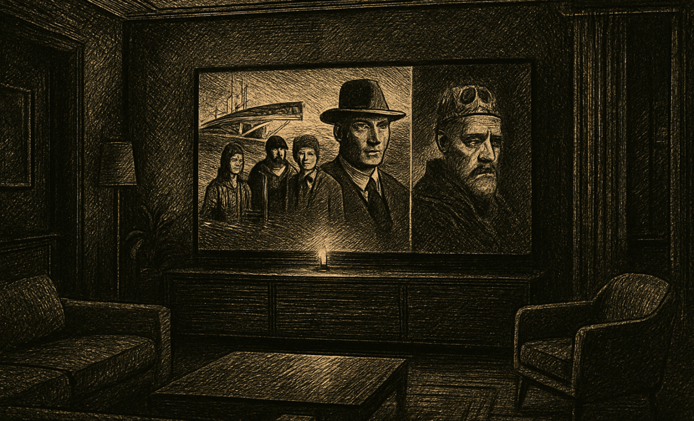 A dark living room with a glowing TV screen displaying a montage of scenes from Apple TV original films.