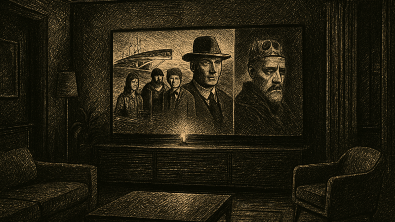 A dark living room with a glowing TV screen displaying a montage of scenes from Apple TV original films.