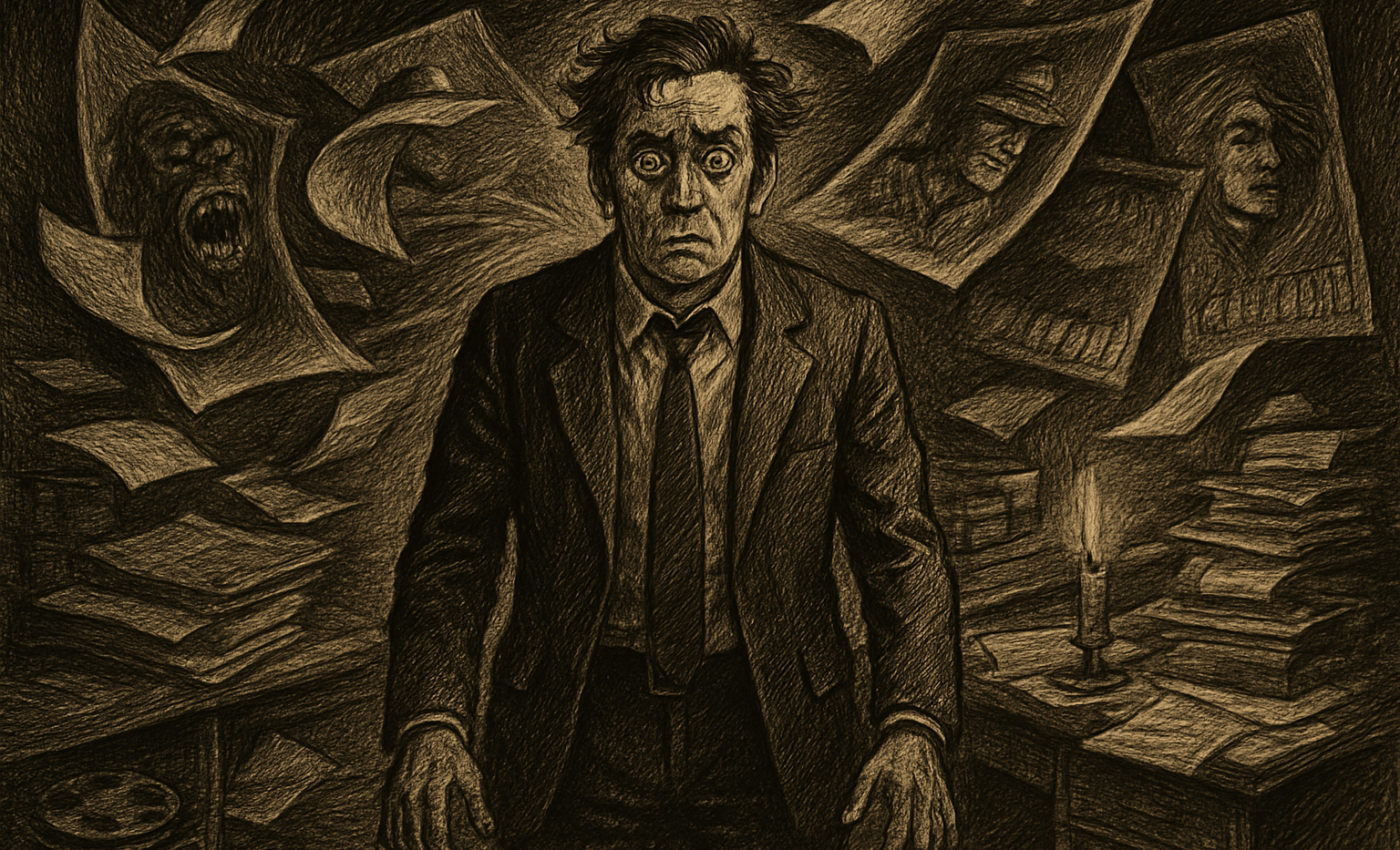 A stressed studio executive stands amid chaos in a Hollywood office filled with film posters and frantic staff.
