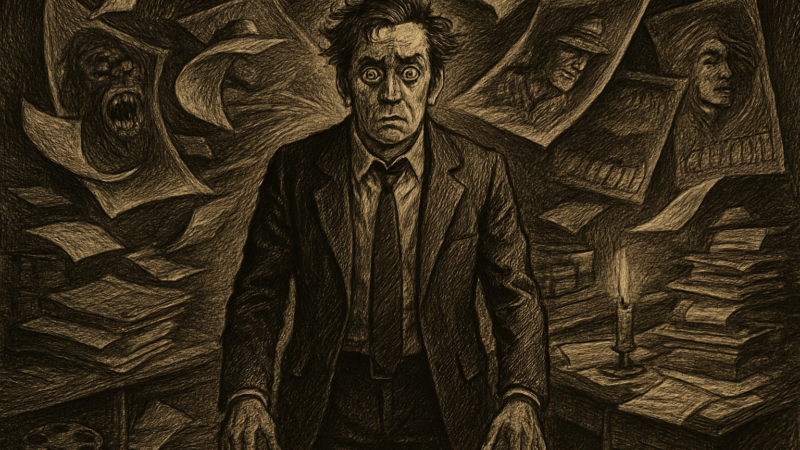 A stressed studio executive stands amid chaos in a Hollywood office filled with film posters and frantic staff.