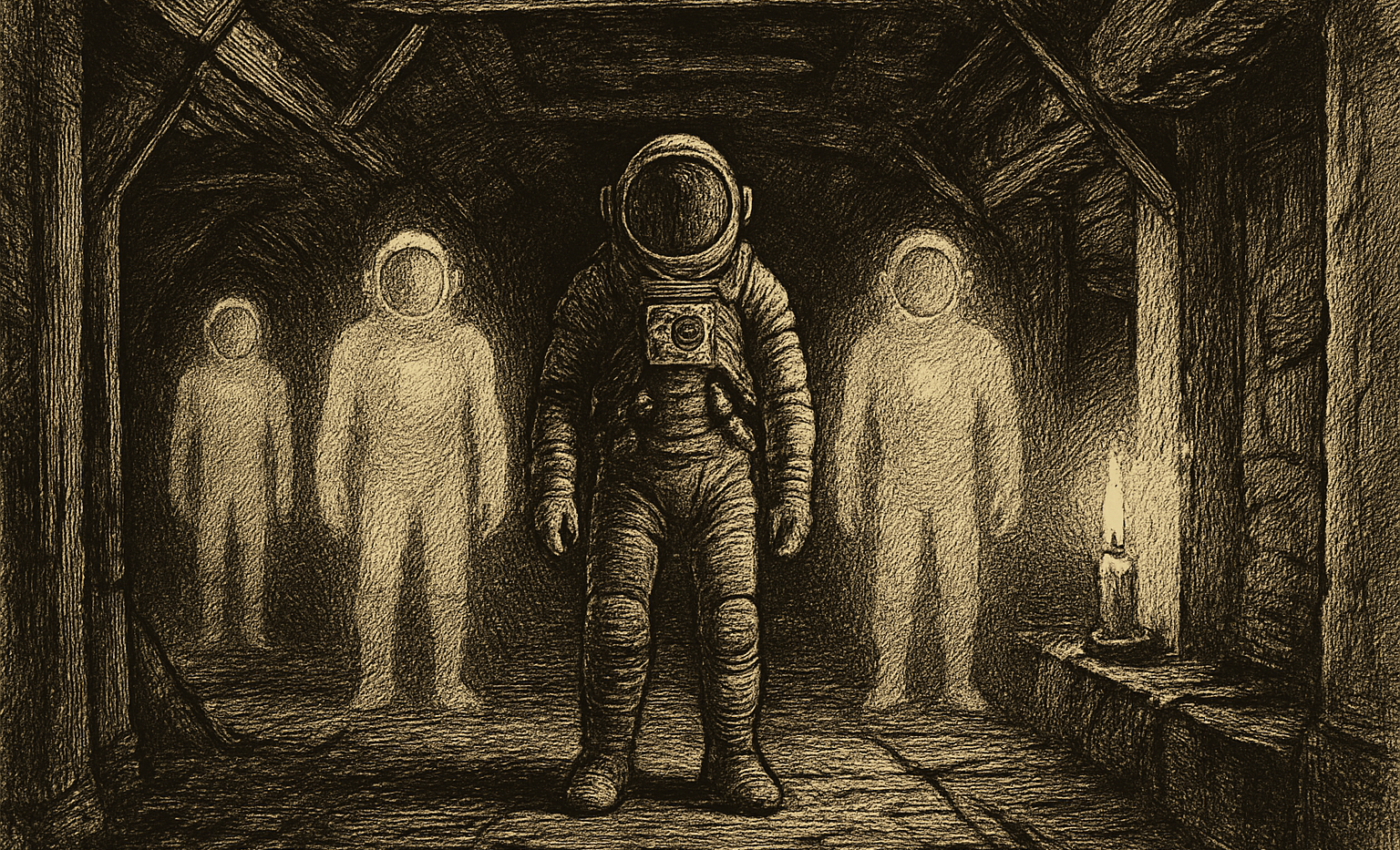 A lone astronaut stands in a dim corridor with three glowing clones nearby, in a stop-motion style space station.