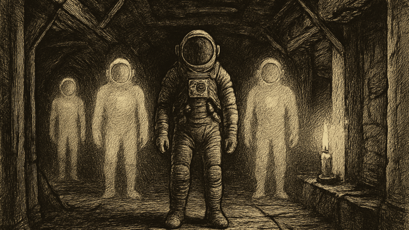 A lone astronaut stands in a dim corridor with three glowing clones nearby, in a stop-motion style space station.