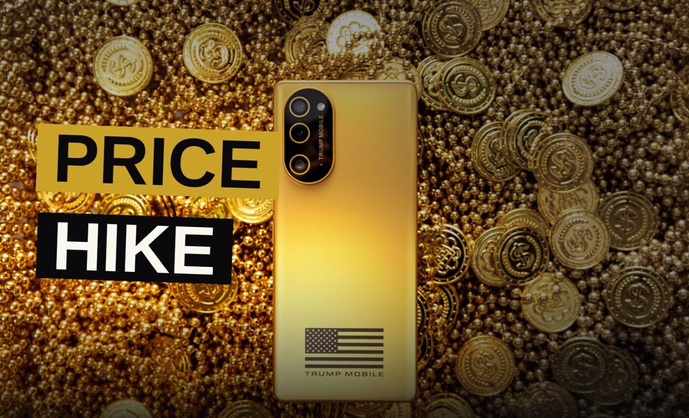 A smartphone with a $749 price tag on a desk, lit dramatically.