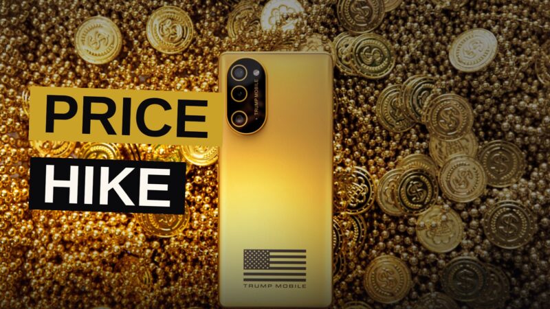 A smartphone with a $749 price tag on a desk, lit dramatically.