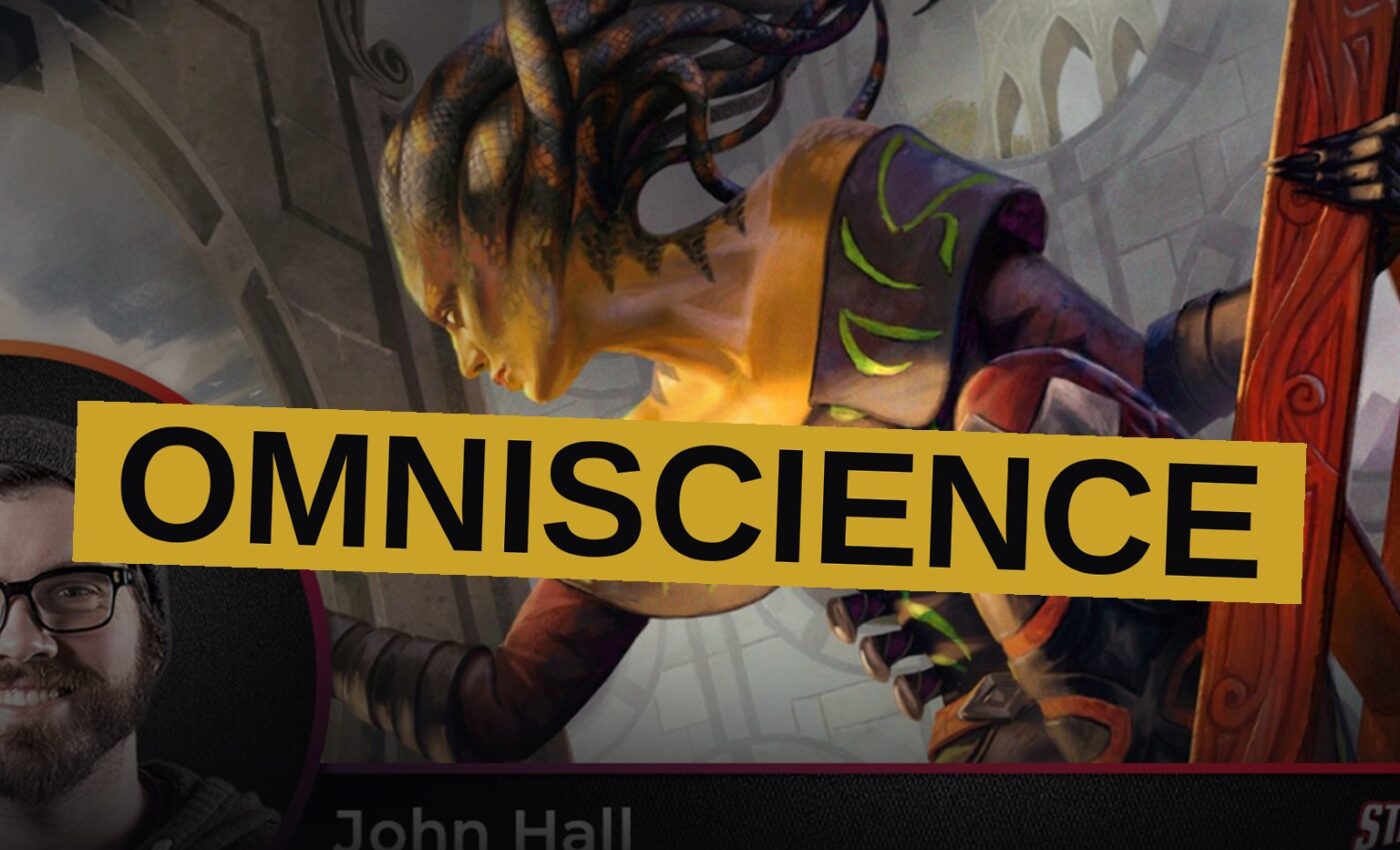A robed figure stands on a fractured balcony as swirling portals and glowing fragments of magic surround him.