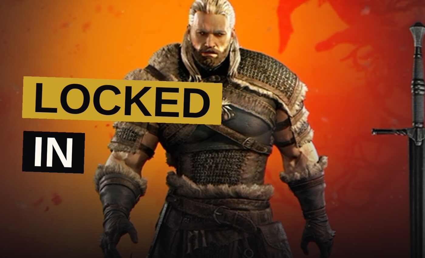A mighty barbarian dons Geralt's likeness amid a burning realm of dread.
