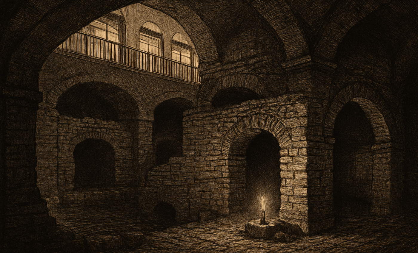Brick walls of a buried dock rest in a quiet chamber beneath a bustling modern city above.
