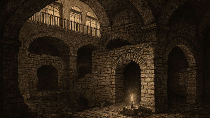 Brick walls of a buried dock rest in a quiet chamber beneath a bustling modern city above.